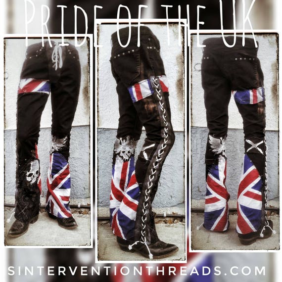 CUSTOM ORDER Denim Leather Pants Rock Wear Jeans Heavy Metal Leather  Stagewear Union Jack Punk Rebel Rockwear Streetwear 