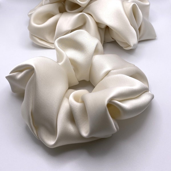 Luxury Cream Polyester Satin Bridal Hair Scrunchie Large - NZ Made