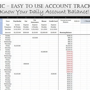 Puede incluir: Una hoja de cálculo con una fila de encabezado azul claro y texto negro. La hoja de cálculo se titula "BASIC - EASY TO USE ACCOUNT TRACKER! Know Your Daily Account Balance!" La hoja de cálculo tiene columnas para "Nombre", "Cheques de pago", "Gasto de automóvil", "Seguro de automóvil", "Gasto de vivienda", "Gasto de tarjeta de crédito", "Saldo de cuenta actual" y "Saldo corriente". La hoja de cálculo muestra un saldo corriente de 205,15 € para los meses de marzo y abril de 2014.