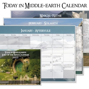 Könnte beinhalten: Ein Kalender zum Thema Herr der Ringe. Der Kalender ist für das Jahr 2025 und zeigt die Monate Januar, Februar und März. Der Kalender ist mit einem Bild eines Hobbitlochs verziert.