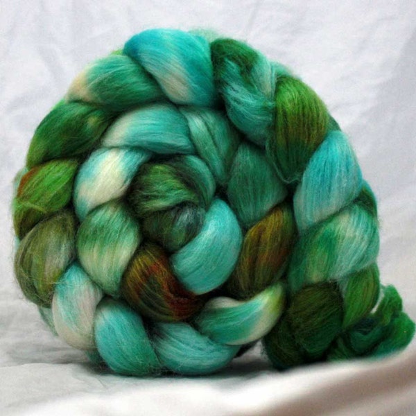 At the Lake - One of a Kind Hand Paintedwashable wool roving Superwash Merino Silk Roving for hand spun yarn