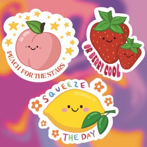 Pack d'autocollants holographiques de fruits Punny | Sticker fraise, sticker citron, sticker pêche, stickers holographiques