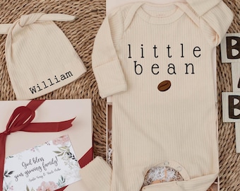 Little Bean Baby bodysuit and hat set, Personalised Coffee Bodysuit with Name, New baby, Unisex Baby gift, Going home outfit, Baby keepsake