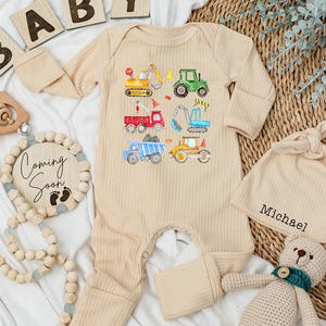 Construction Vehicles Baby Bodysuit, Tractor & Truck Newborn Outfit, Construction Baby Clothes, Baby Shower Gift for Boy, Personalized Gift
