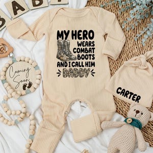 My Hero Wears Combat Boots Baby Bodysuit, Military Daddy Outfit for Newborn, Personalized Army Baby Clothes, Coming Home Gift