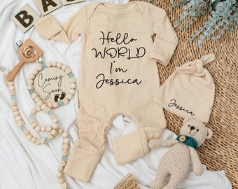 Baby Girl Coming Home Outfit, Vintage Baby Bodysuit, Set Baby Outfit, Baby Shower Gift, Baby Announcement, Hello World, Newborn Girl Hat