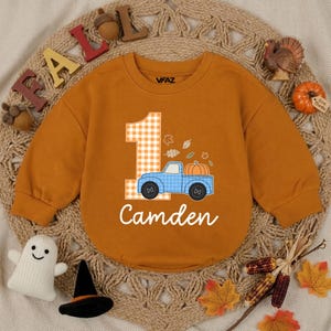 May include: A mustard yellow long-sleeve sweatshirt featuring a large white and orange gingham number one, a blue plaid pickup truck carrying an orange pumpkin, and the name Camden in white script. The VFAZ brand label is visible at the neck.