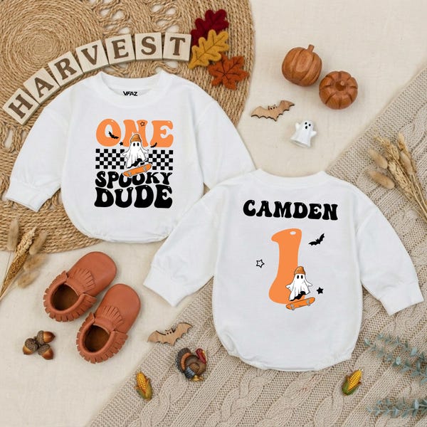 Personalized One Spooky Dude Baby Romper, Baby Boy First Birthday Bodysuit, Halloween Cake Smash Outfit, Halloween Birthday Baby Clothes
