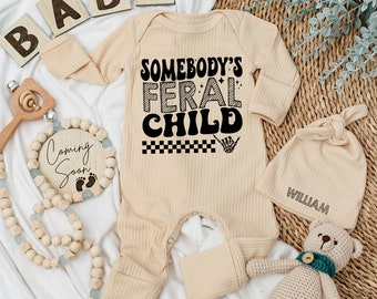 Somebody's Feral Child Baby bodysuit and hat set, Newborn set, Baby Shower Gift, Coming Home, Long Sleeve Bodysuit, Baby Announcement Outfit