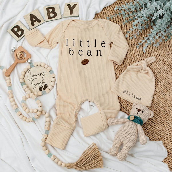 Little Bean Baby bodysuit and hat set, Personalised Coffee Bodysuit with Name, New baby, Unisex Baby gift, Going home outfit, Baby keepsake