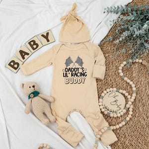 Custom Daddy&#39;s Lil&#39; Racing Buddy Baby Bodysuit, Father&#39;s Day Outfit for Baby, Checkered Newborn Clothes, Personalized New Dad Gift from Baby
