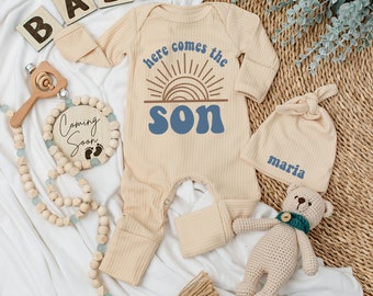 Here Comes The Son Baby bodysuit and hat set, Newborn set, Baby Shower Gift, Coming Home , Long Sleeve Bodysuit, Baby Announcement Outfit