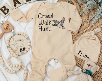 Craw Walk Hunt Baby bodysuit and hat set, Duck Hunting Bodysuit, Mallard Clothes, Pregnancy Reveal, Newborn, Baby Shower, Little Hunter Gift