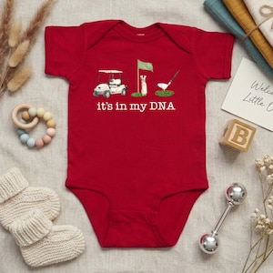 Golf It’s In My DNA Baby Bodysuit, Funny Sport Newborn Outfit, Golf Baby Clothes, Baby Shower Gift for Golf Lovers, Baby Coming Home Outfit Red