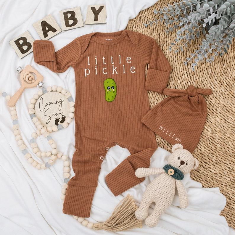 Little Pickle Baby bodysuit and hat set, Cute Pickle Bodysuit, Baby Clothes, New baby, Unisex Baby gift, Going home outfit, Baby keepsake Brown