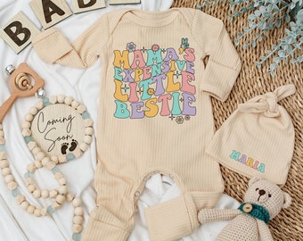 Mama's Expensive Little Bestie Baby bodysuit and hat set, Newborn set, Baby Shower Gift, Cute Retro Romper, baby romper gift, Baby Outfit