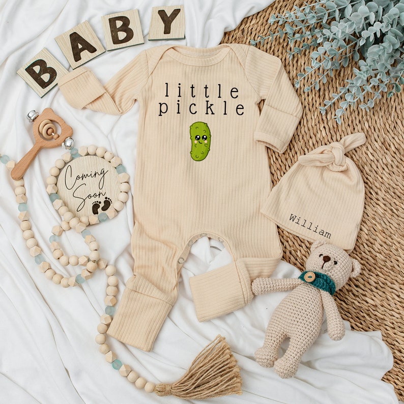 Little Pickle Baby bodysuit and hat set, Cute Pickle Bodysuit, Baby Clothes, New baby, Unisex Baby gift, Going home outfit, Baby keepsake Natural