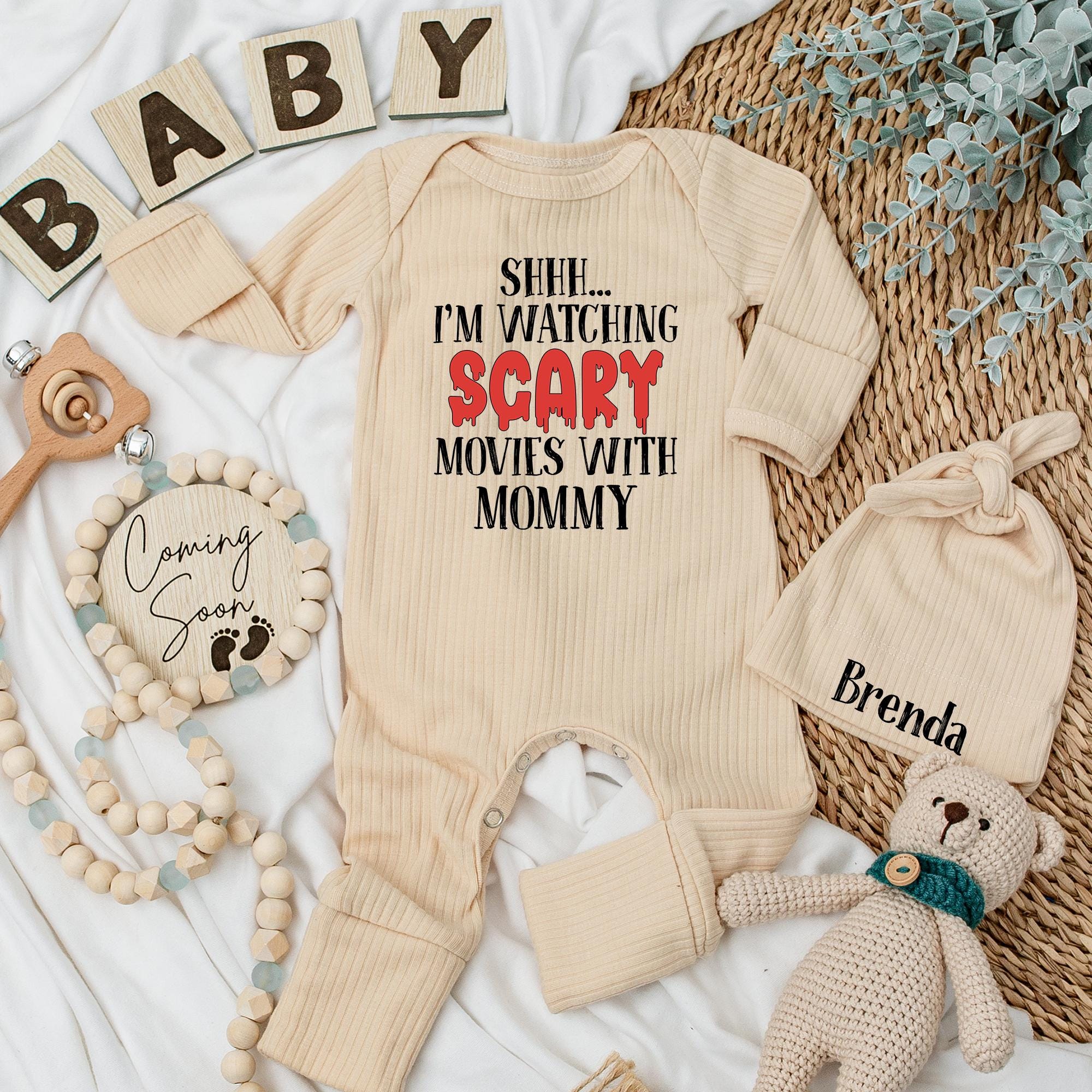 Shhh... I’m Watching Scary Movies With Mommy Baby Bodysuit, Funny Halloween Baby Outfit, Cute Baby Shower Gift, Newborn Clothes