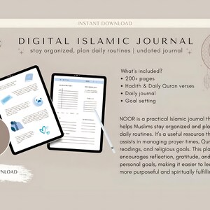 Könnte beinhalten: Digitales islamisches Journal mit einem blauen und weißen Cover. Das Journal soll Muslimen helfen, organisiert zu bleiben und ihren Tagesablauf zu planen. Es enthält über 200 Seiten, Hadithe und tägliche Koranverse, ein tägliches Tagebuch und Zielsetzung.