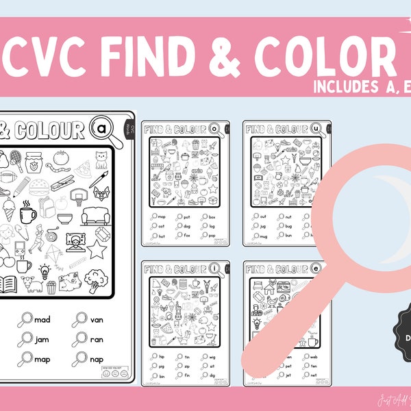 CVC Word Find & Color, Phonics, Kindergarten, CVC, Word Families, Literacy Center, Short Vowels, CVC Activity, cvc worksheet, Sight Words