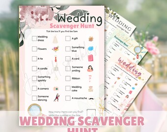 May include: A pink and white wedding scavenger hunt game with a floral design. The game includes a list of items to find at a wedding, such as a wedding dress, flowers, a gift, something blue, a tie, a card, a candle, someone smiling, something sparkly, a ribbon, a wedding cake, a camera, someone dancing, and a mustache.