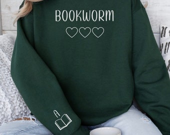 Gepersonaliseerde boekenwurm sweatshirt voor boekenliefhebbers, minimalistisch boek & harten, boekenclub cadeau, leesgrage sweatshirt crewneck