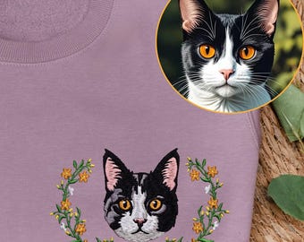 Personalized Cat Sweatshirts, Custom Embroidered Pet from Your Photo Sweatshirts, Pet Sweatshirts with Flower, Cat Lover Gift, Cat Mom Gifts