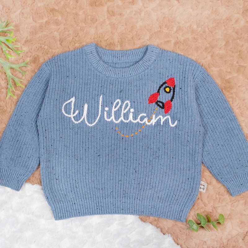 🎁Buy 2 FREE SHIPPING🎁 Personalized Baby Sweater Hand Embroidered Baby Name Sweater with Rocket Baby Knit Sweater New Baby Boy Sweater for Toddler Birthday Gifts