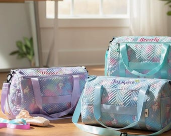 Personalized Duffel Bag Embroidered Girl Dance Bag with Unicorn for Birthday Gift Overnight Bag for Kid Weekender Bag Little Ballerinas Gift