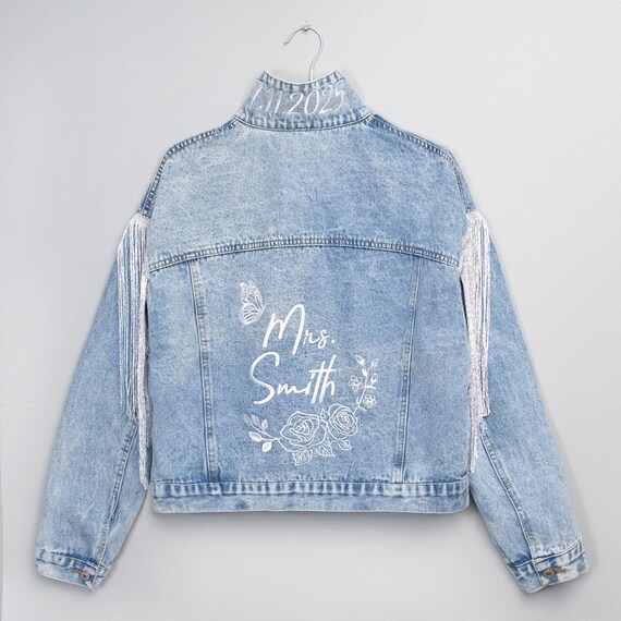 Embroidered Bride Denim Jacket Custom Fringe Jean Jackets Mrs