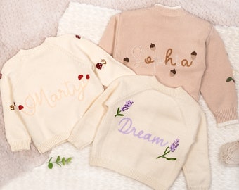 Personalized Baby Sweaters Cardigan Hand-Embroidered Button Sweaters Kids Cotton Sweater for Girl Newborn Sweater Cardigan Baby Shower Gifts