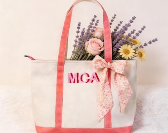 Embroidered Canvas Tote Bag, Personalized Bridesmaid Gift with Ribbon