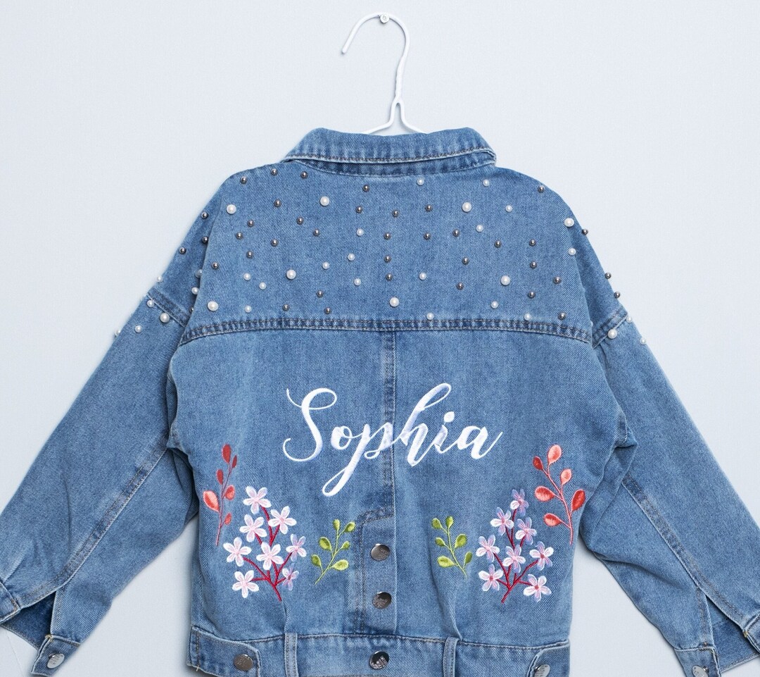 Personalized Girls Jean Jacket With Pearls - Custom Kids Denim Jacket For Weddings, Flower Girl Gift (Toddler Sizes)