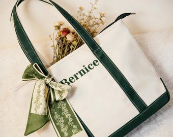 Personalized Tote Bag, Canvas with Ribbon, Embroidered Name for Bridesmaid Gifts