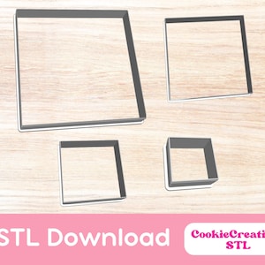 May include: Four different sized square cookie cutters on a wooden background. The text "STL Download" is at the bottom of the image. The text "Cookie Creations STL" is at the bottom right of the image.