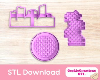 City Theme Cookie Cutter Set: Skyline, Brick Wall, Sewer Lid (STL Files)