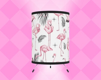 Flamingo Mid-Century Modern Lamp Retro Home Decor Desk Light MCM Pink Birds, Sputnik Atomic Starbursts, Palm Leaves, Coastal Beach Decor