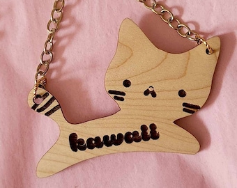 Super Kawaii Wooden Cat Necklace, Leaping Cat