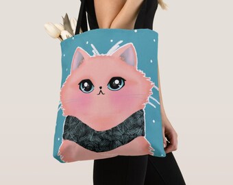 Kitty Cat Canvas Tote Bag, Cat Bag - Pink Cat