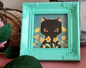 Kitty Cat Giclee Print in Handpainted Miniature Frame - Black Cat