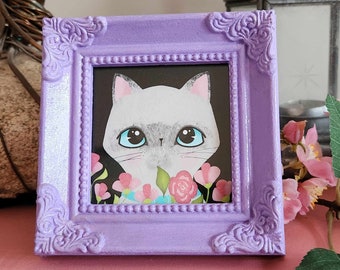 Kitty Cat Giclee Print in Handpainted Miniature Frame - Siamese Kitty