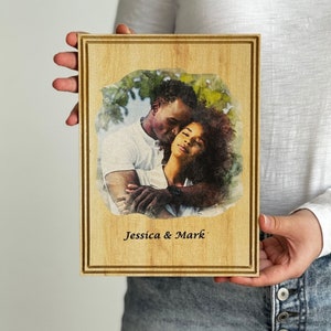 Personalized Couple Portrait Photo as Anniversary Gift. Custom Photo on Wood, Engraved Photo on Wood with Watercolor Style, Custom Wall Art.
