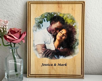 Custom Photo on Wood, Engraved Photo on Wood with Watercolor Style, Custom Wall Art, Personalized Portrait from Photo as Long Distance Gift.