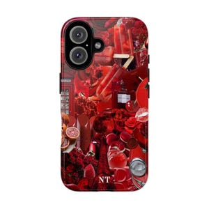 Rood telefoonhoesje met collage, rood telefoonhoesje, trendy telefoonhoesje collage, stoer telefoonhoesje