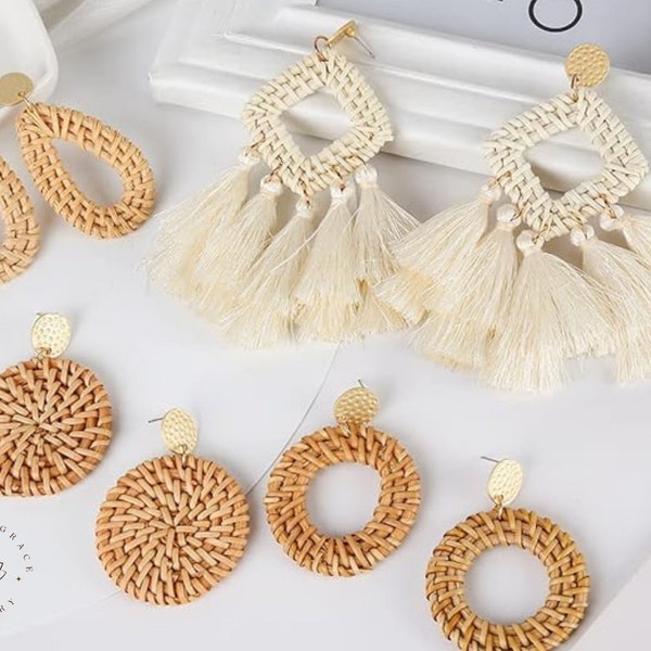 Rattan Earrings Set of 4 / Lightweight Geometric Tassel Bohemian Style / Raffia Earrings / Spring Summer Earrings / Gift for Her