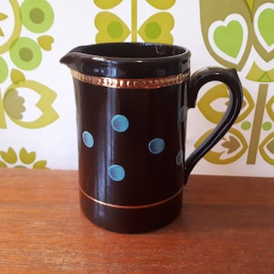 Small Vintage Black Gold Blue Spot Jug Cream Milk Posies Flowers