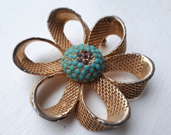 Large Vintage 1960's Brooch Turquoise Glass Flower Daisy Gold-Tone Midcentury