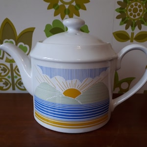 Vintage Original 1980&#39;s Sunrise 2 Pint Teapot Kilncraft Coloroll Ceramics White Blue Yellow Green Hills Made In England