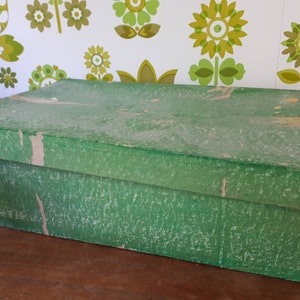 Puede incluir: Una caja de cart&oacute;n verde con una superficie texturizada. La caja est&aacute; cerrada y parece ser vintage.