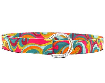 Retro Swirl D-Ring Belt | Handmade Adjustable Fabric Belt | Sweetie, Sunrays & Aqua | Colorful Women's Belt